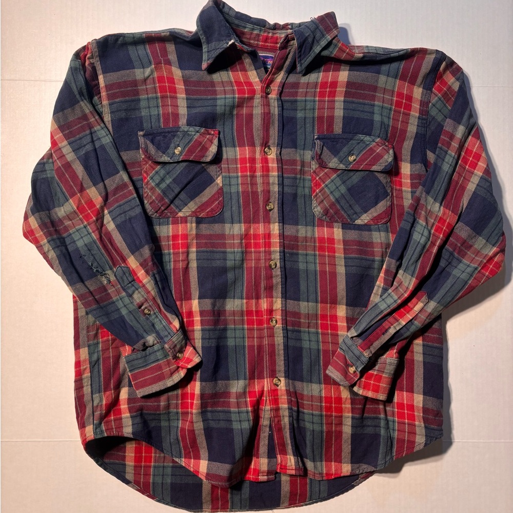 Vtg North Crest Button Up Plaid Red Blue Green Flannel 90’s Sz Large Western